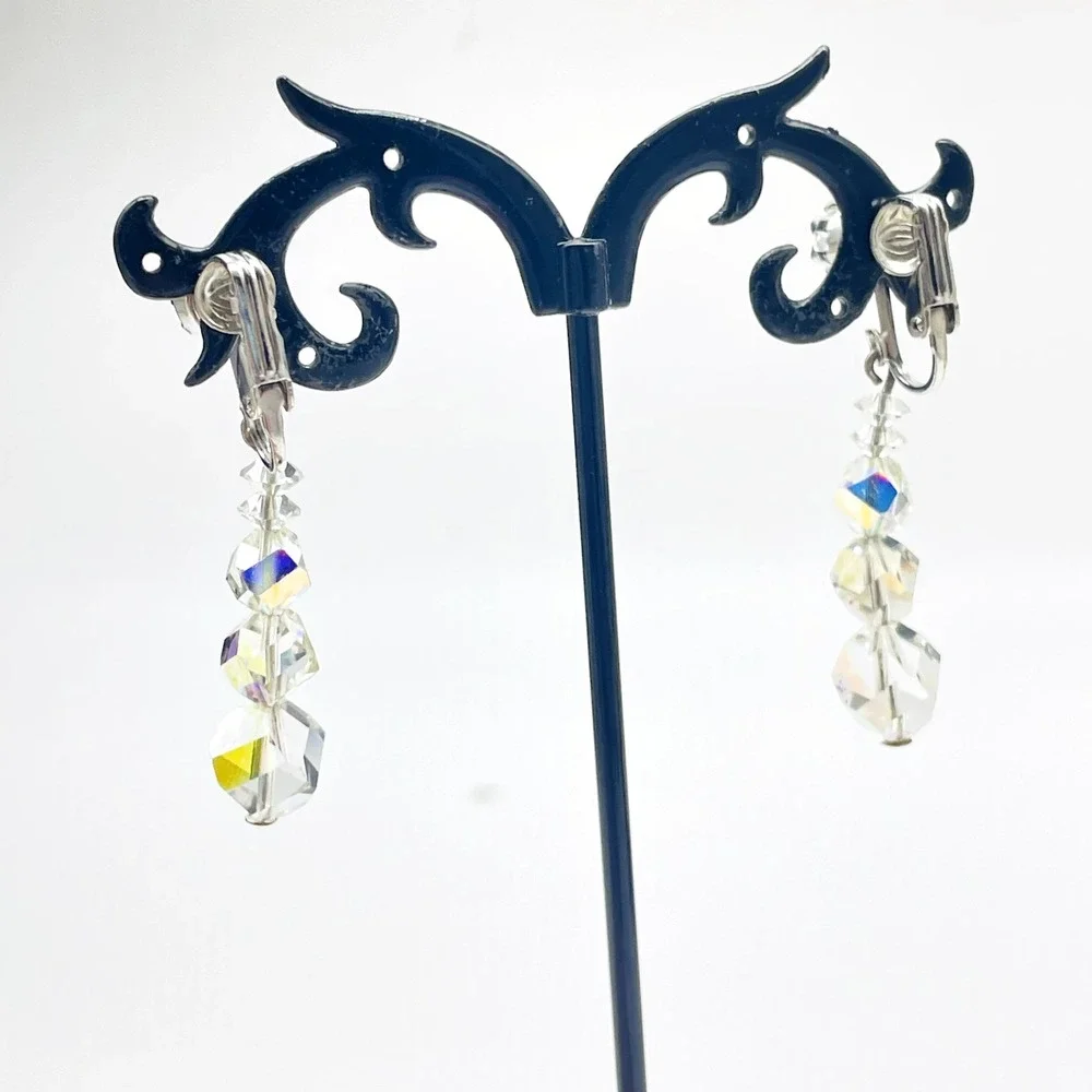 Vintage Dangle Earrings AB Aurora Borealis Clip On Silver Tone Faceted Beads